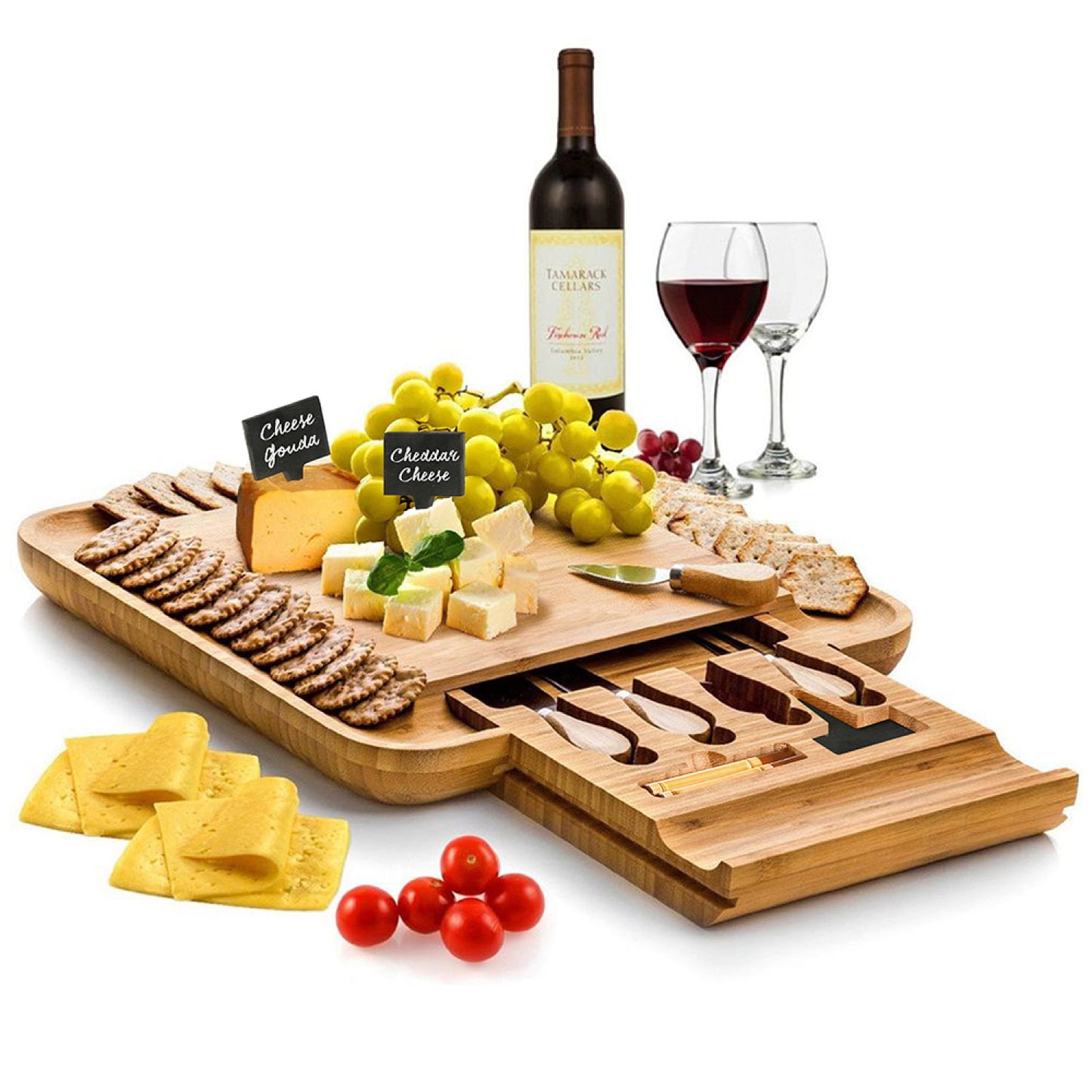 Bamboo Cheese Board with Cutlery Set,, Includes 4 Stainless Steel Serving Utensils, 3 Labels & 2 Chalk Markers