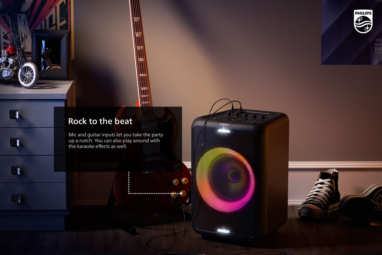 Philips X3206 Portable Bluetooth Party Speaker with Party Lights and Built-in Carry Handle, Medium Size, Black, TAX3206