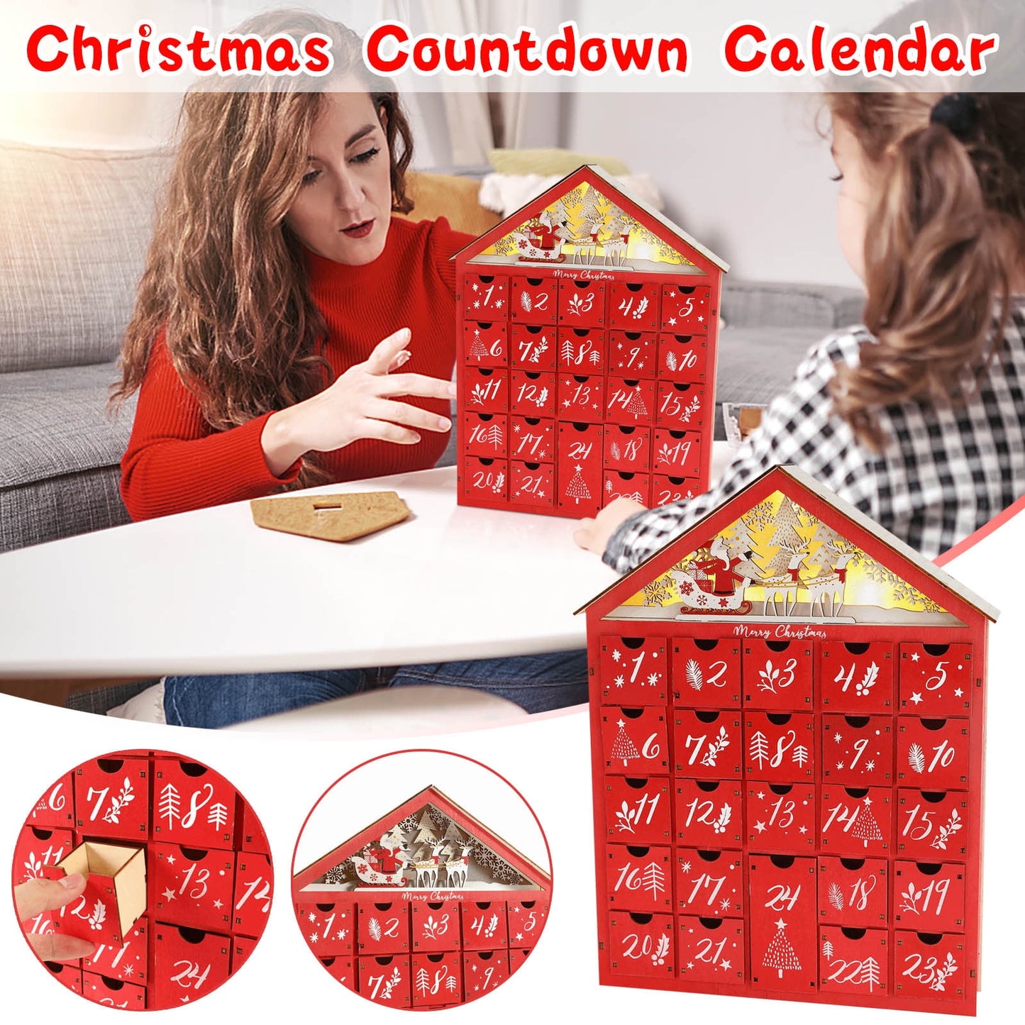 solacol Countdown To Christmas Advent Calendar Christmas Countdown Calendar Wooden 24 Drawers Childrens Luminous Small Gift Candy Drawer Storage Box Christmas Countdown Advent Calendar