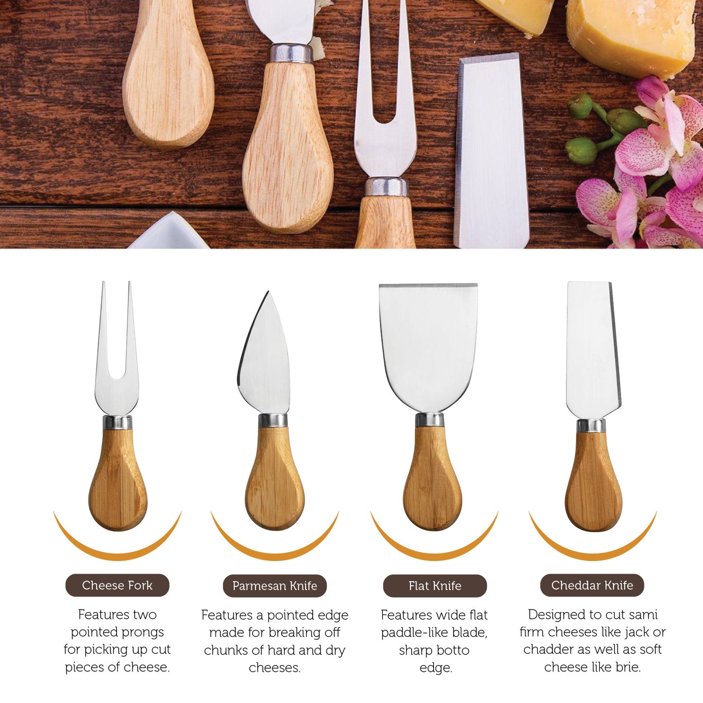 Bamboo Cheese Board with Cutlery Set,, Includes 4 Stainless Steel Serving Utensils, 3 Labels & 2 Chalk Markers