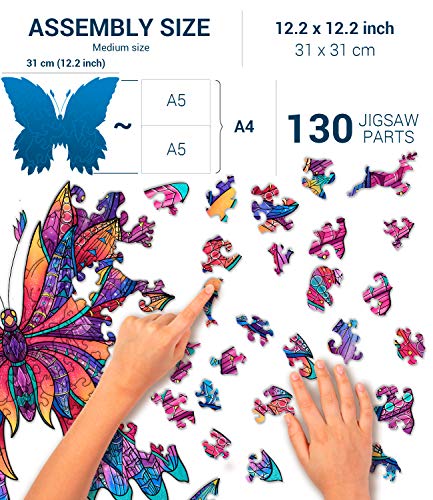 Hodslen Woods - Animal Wooden Jigsaw Puzzles for Kids (12+ Years) Adult, Teens, Family; Majestic Animal Shaped Natural Wood Puzzle, Medium Level,12.2x12.2 in. (31x31 cm),130 pcs, L - Size – Butterfly