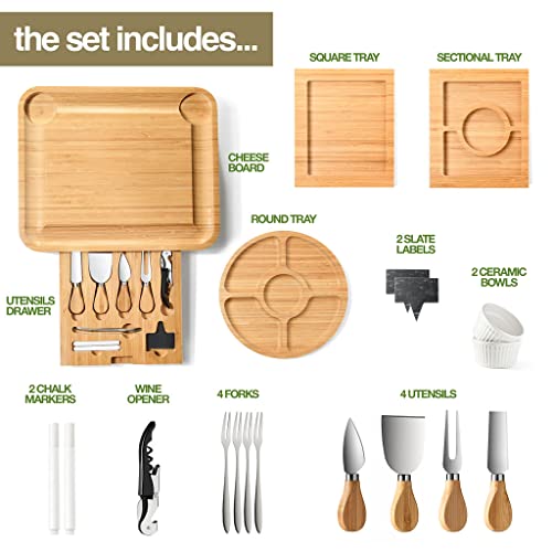 Bamboo Cheese and Meat Board - Simple Charcuterie Board with Serving Utensils, Cutlery, Trays, Ceramic Bowls - Charcuterie Boards for Wine Night, Parties - Holiday Gift & Housewarming Gifts - Home It