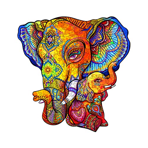 KAAYEE Wooden Jigsaw Puzzles-Wooden Puzzle Adult Unique Shape Advanced Elephant Puzzle Maternal Love Wooden Jigsaw Puzzle for Adult,Best Gift for Adults and Kids,Family Puzzles(S-10X9.8in-120pcs)