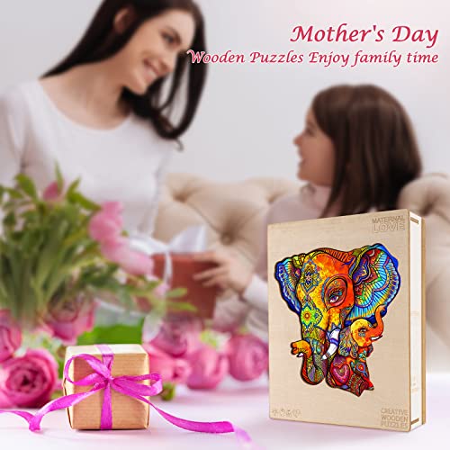 KAAYEE Wooden Jigsaw Puzzles-Wooden Puzzle Adult Unique Shape Advanced Elephant Puzzle Maternal Love Wooden Jigsaw Puzzle for Adult,Best Gift for Adults and Kids,Family Puzzles(S-10X9.8in-120pcs)
