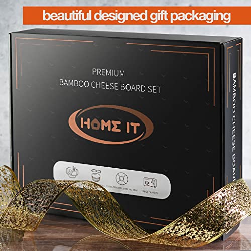 Bamboo Cheese and Meat Board - Simple Charcuterie Board with Serving Utensils, Cutlery, Trays, Ceramic Bowls - Charcuterie Boards for Wine Night, Parties - Holiday Gift & Housewarming Gifts - Home It
