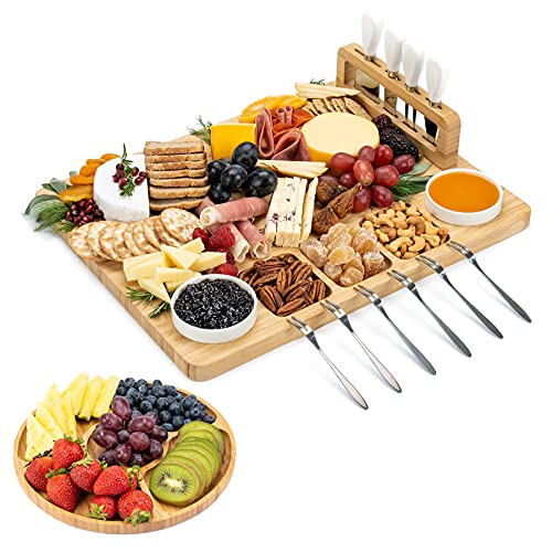 SMIRLY Bamboo Cheese Board and Knife Set: Large Charcuterie Boards Set, Cheese Tray Platter - Unique House Warming Gifts New Home, Anniversary Wedding Gifts for Couple, Bridal Shower Gift for Women