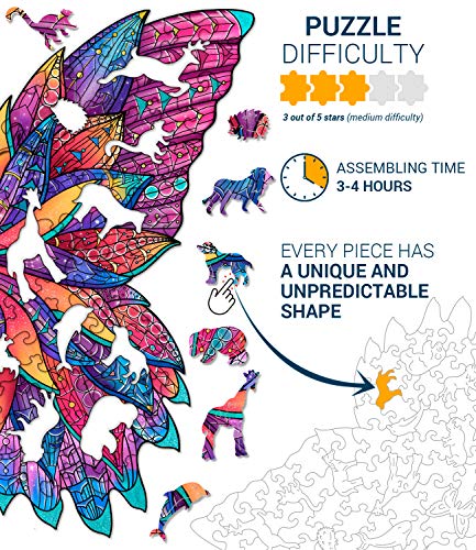 Hodslen Woods - Animal Wooden Jigsaw Puzzles for Kids (12+ Years) Adult, Teens, Family; Majestic Animal Shaped Natural Wood Puzzle, Medium Level,12.2x12.2 in. (31x31 cm),130 pcs, L - Size – Butterfly