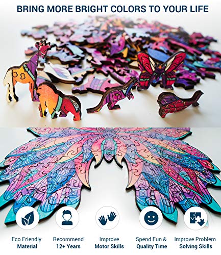 Hodslen Woods - Animal Wooden Jigsaw Puzzles for Kids (12+ Years) Adult, Teens, Family; Majestic Animal Shaped Natural Wood Puzzle, Medium Level,12.2x12.2 in. (31x31 cm),130 pcs, L - Size – Butterfly