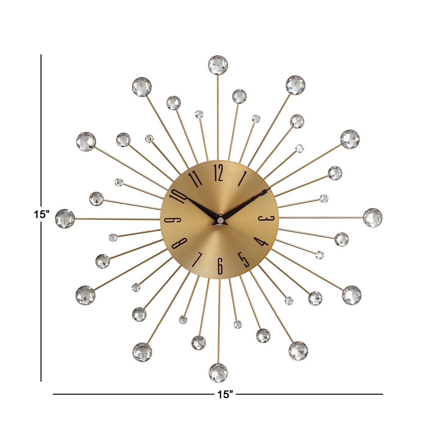 DecMode Gold Metal Glam Wall Clock, 15”L x 0.5”W x 15”H, Features Starburst Design