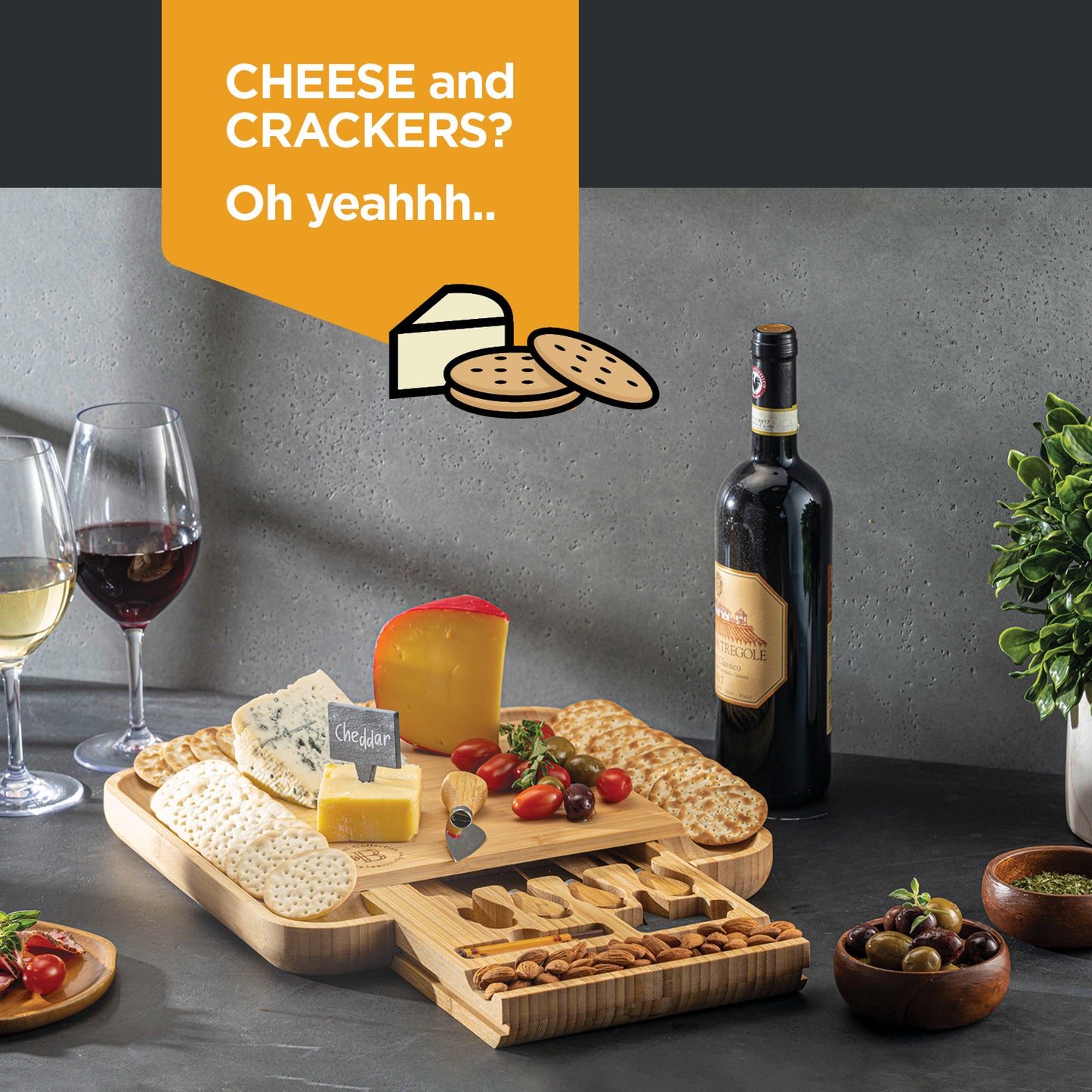 Bamboo Cheese Board with Cutlery Set,, Includes 4 Stainless Steel Serving Utensils, 3 Labels & 2 Chalk Markers