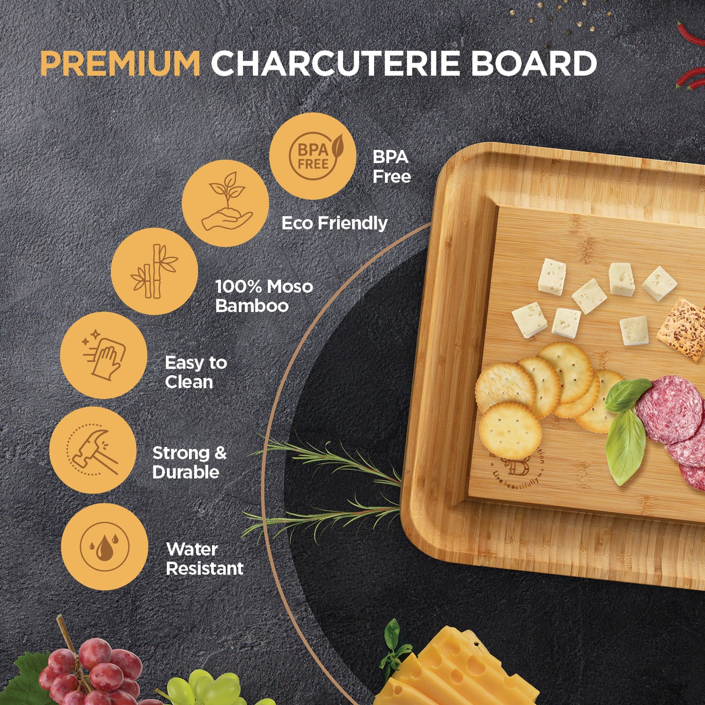 Bamboo Cheese Board with Cutlery Set,, Includes 4 Stainless Steel Serving Utensils, 3 Labels & 2 Chalk Markers