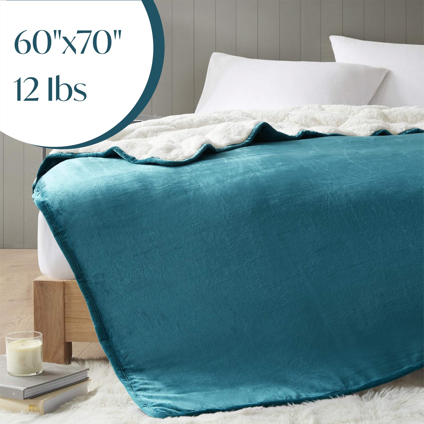 Comfort Spaces Reversible Weighted Blanket Velvet to Sherpa, Heavy Wraps Box-Quilted Cozy Warm Bed Cover, 60x80"-15lbs Teal