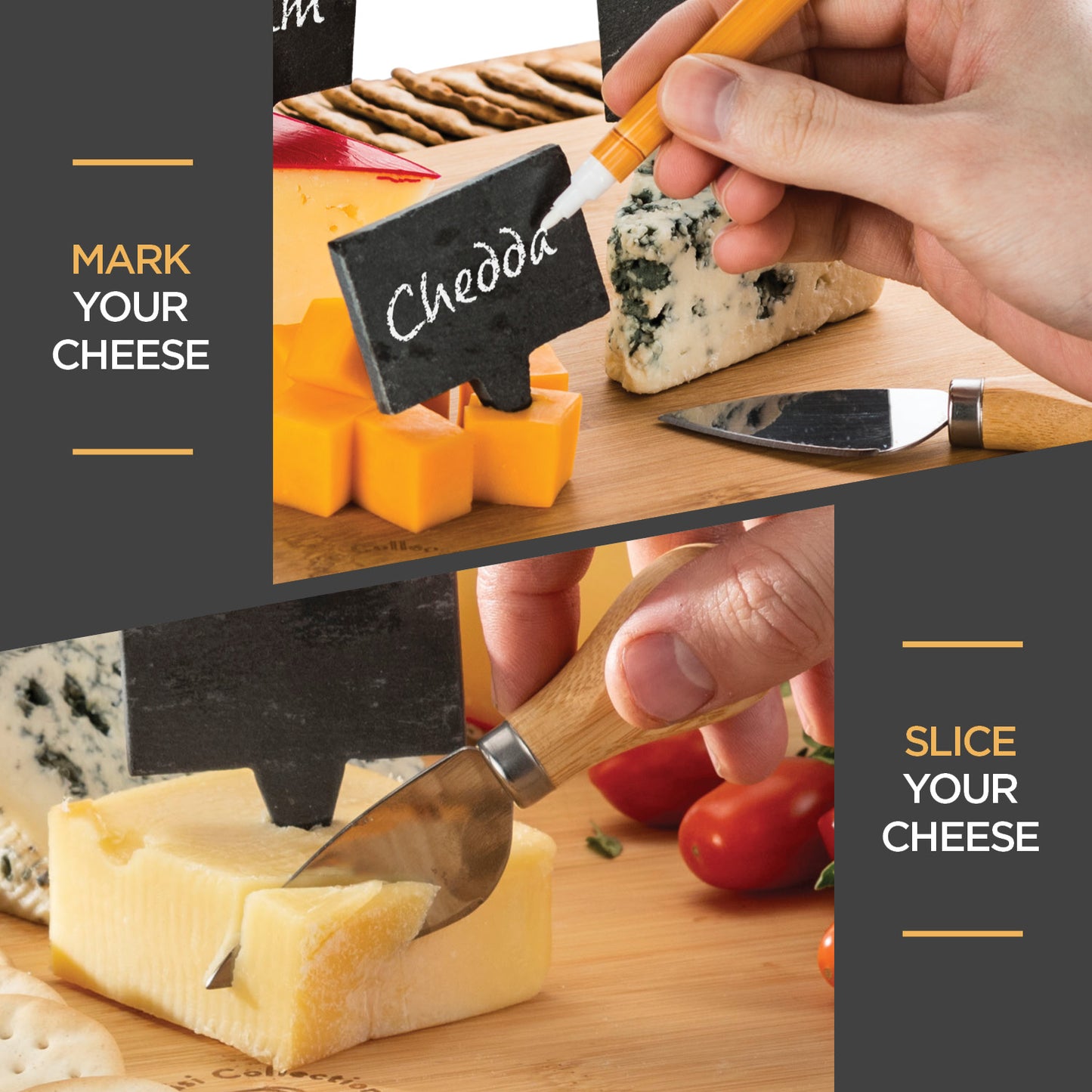 Bamboo Cheese Board with Cutlery Set,, Includes 4 Stainless Steel Serving Utensils, 3 Labels & 2 Chalk Markers