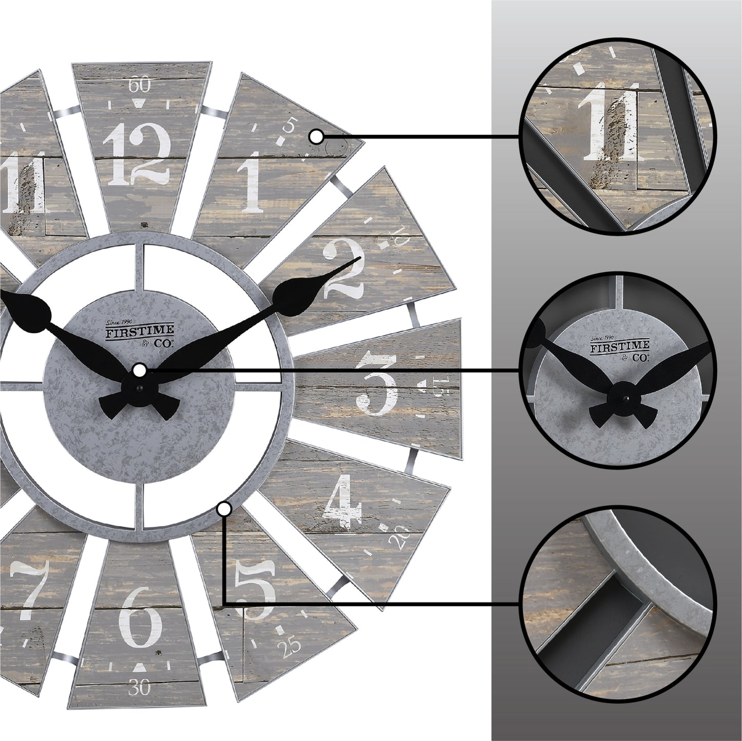 FirsTime & Co. Gray Numeral Windmill Wall Clock, Farmhouse, Analog, 24 x 2 x 24 in