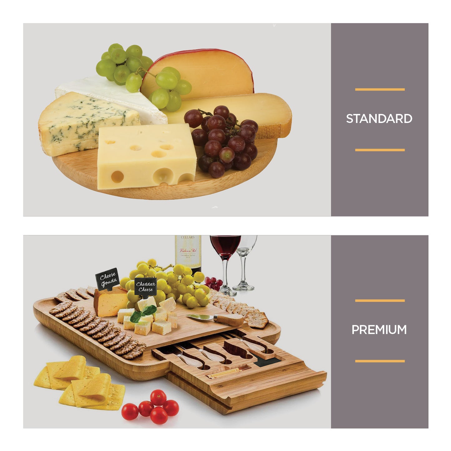 Bamboo Cheese Board with Cutlery Set,, Includes 4 Stainless Steel Serving Utensils, 3 Labels & 2 Chalk Markers