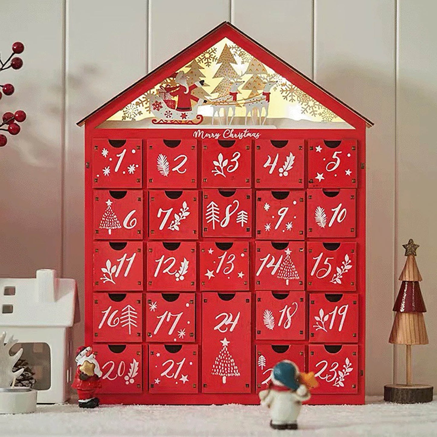 solacol Countdown To Christmas Advent Calendar Christmas Countdown Calendar Wooden 24 Drawers Childrens Luminous Small Gift Candy Drawer Storage Box Christmas Countdown Advent Calendar