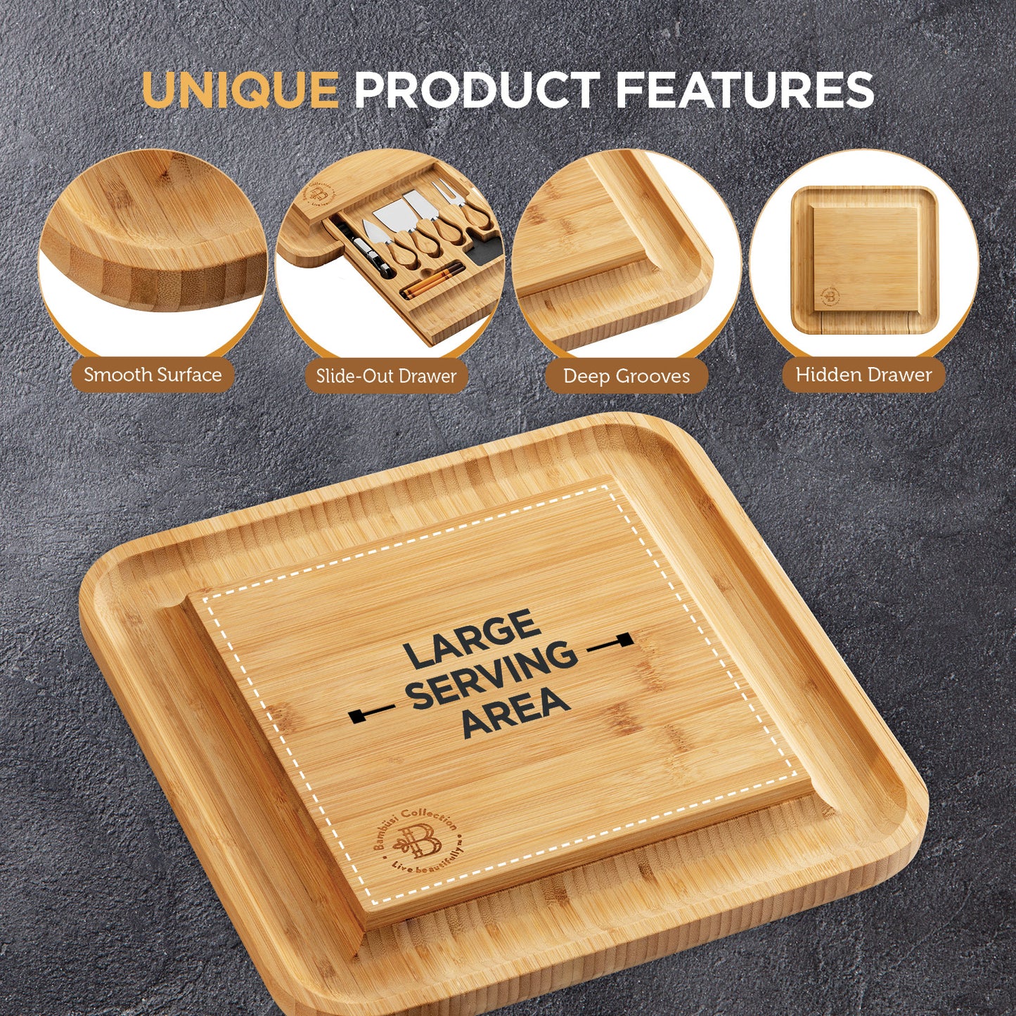Bamboo Cheese Board with Cutlery Set,, Includes 4 Stainless Steel Serving Utensils, 3 Labels & 2 Chalk Markers