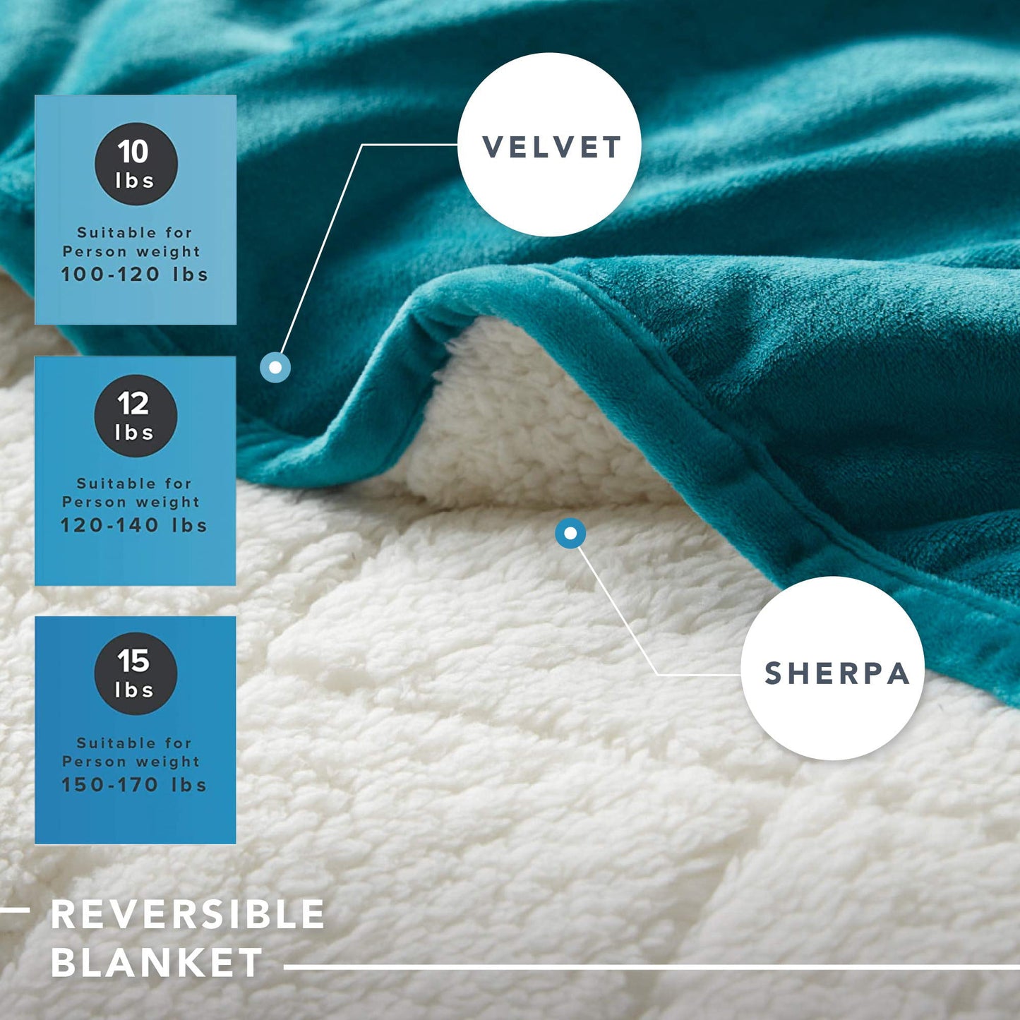 Comfort Spaces Reversible Weighted Blanket Velvet to Sherpa, Heavy Wraps Box-Quilted Cozy Warm Bed Cover, 60x80"-15lbs Teal