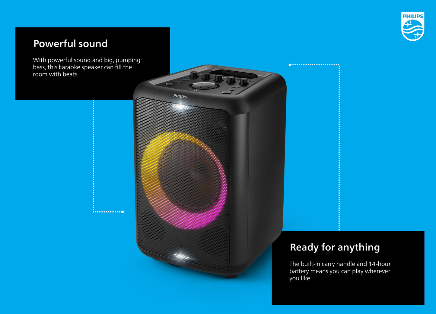Philips X3206 Portable Bluetooth Party Speaker with Party Lights and Built-in Carry Handle, Medium Size, Black, TAX3206