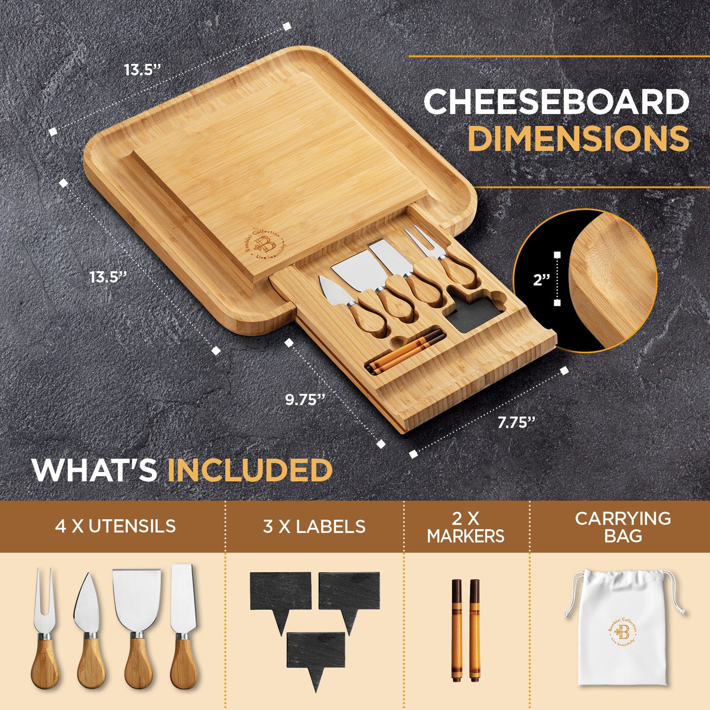 Bamboo Cheese Board with Cutlery Set,, Includes 4 Stainless Steel Serving Utensils, 3 Labels & 2 Chalk Markers