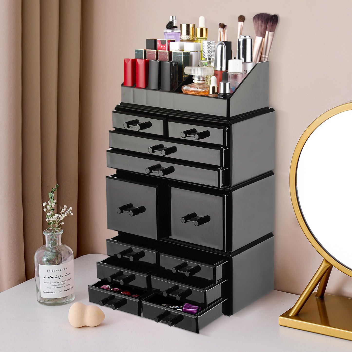 12 Drawer Makeup Organizer Acrylic Cosmetic Storage Jewelry Display Box, Black