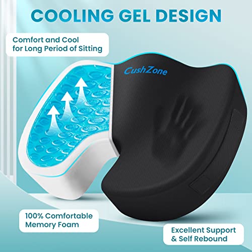 CushZone Gel Seat Cushion Office Chair Cushion for All-Day Sitting - Back, Sciatica, Coccyx Tailbone Pain Relief Cushion - Ergonomic Seat Cushion for Office Chairs, Car Seat, Gaming Chair - Black