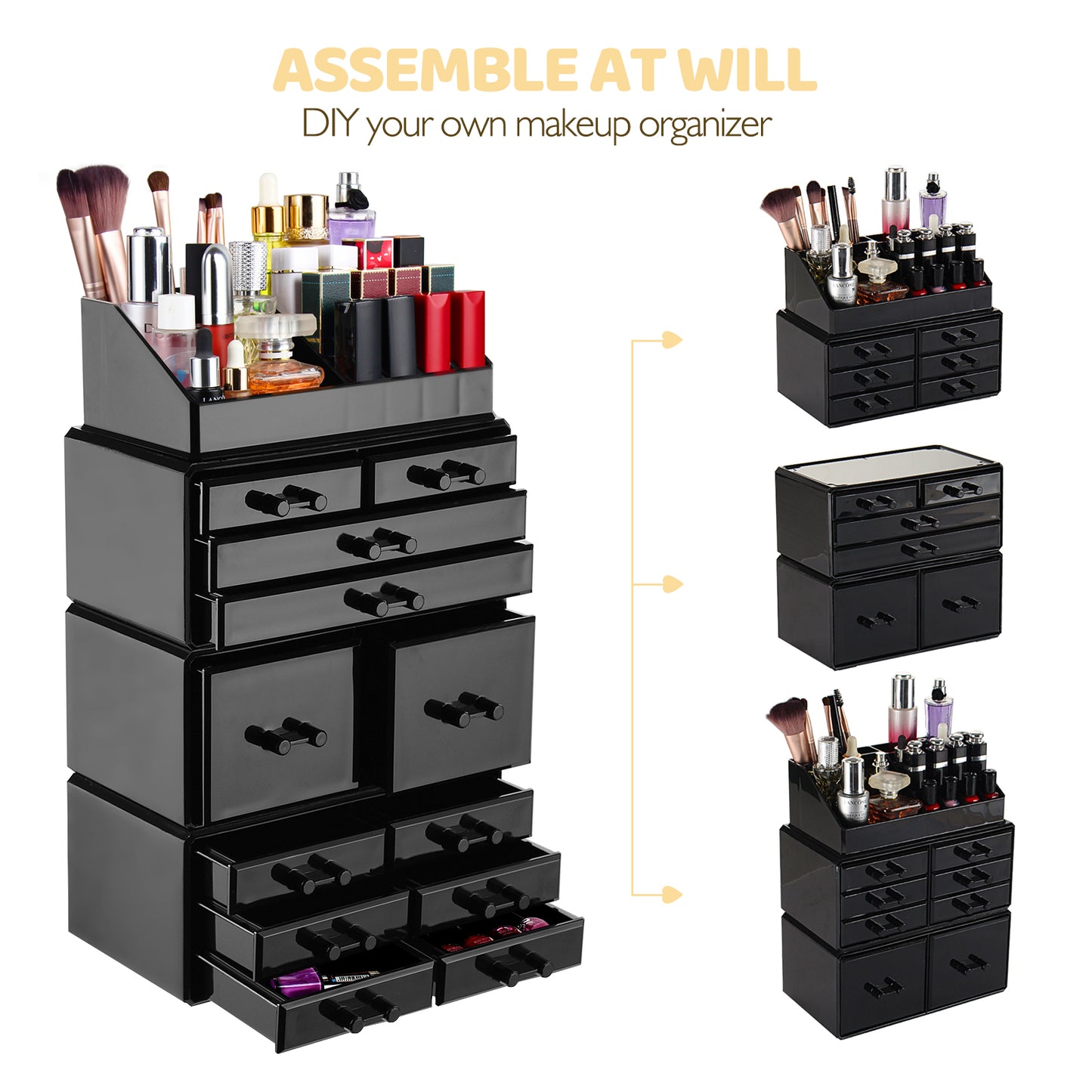 12 Drawer Makeup Organizer Acrylic Cosmetic Storage Jewelry Display Box, Black