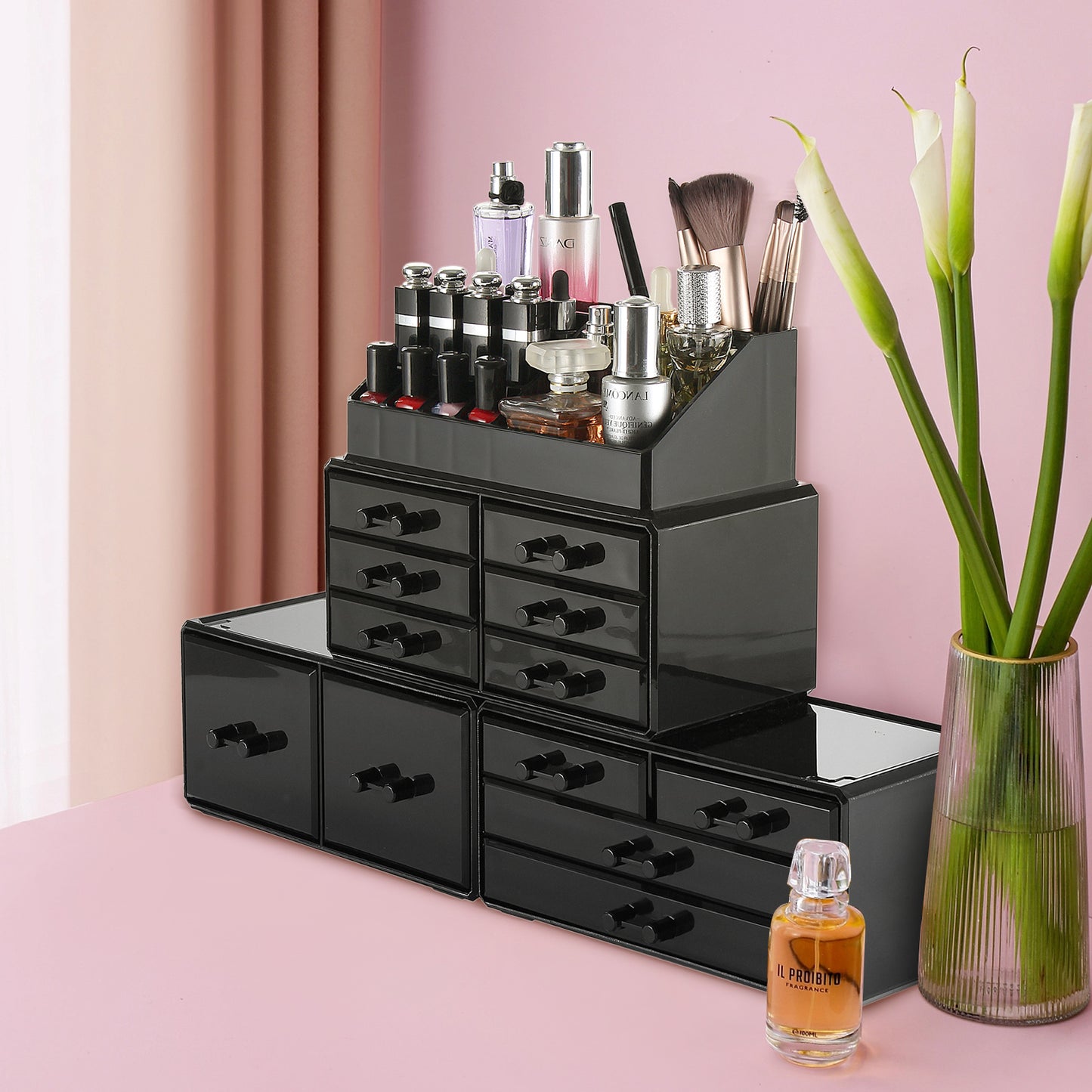 12 Drawer Makeup Organizer Acrylic Cosmetic Storage Jewelry Display Box, Black