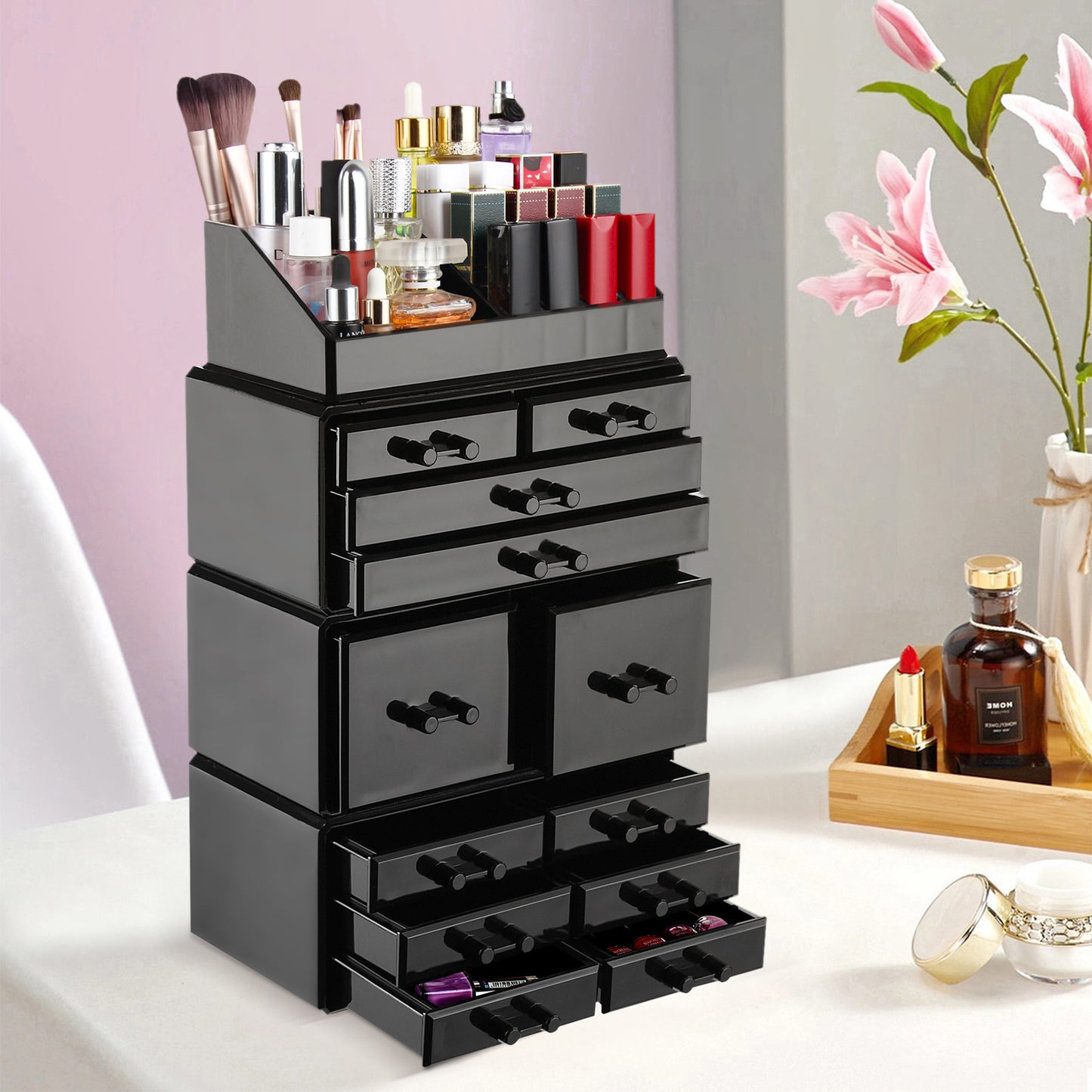 12 Drawer Makeup Organizer Acrylic Cosmetic Storage Jewelry Display Box, Black