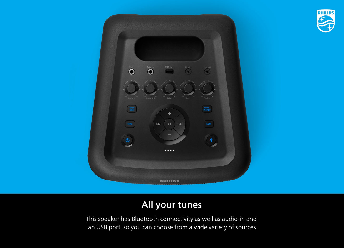 Philips X3206 Portable Bluetooth Party Speaker with Party Lights and Built-in Carry Handle, Medium Size, Black, TAX3206